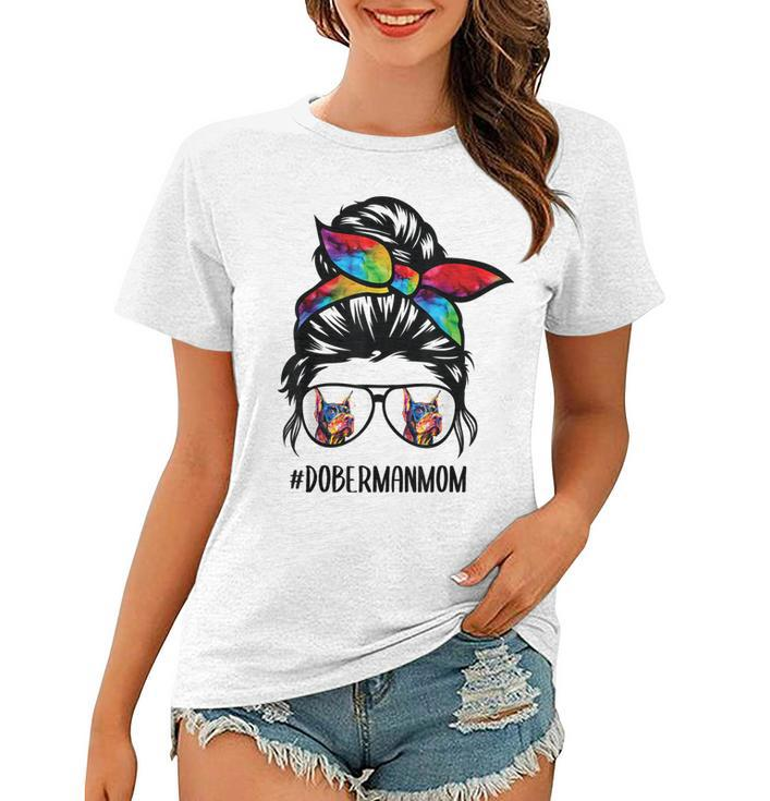 Doberman Dog Mom Messy Bun Hair Glasses Dobie Mom Messy Bun  Women T-shirt