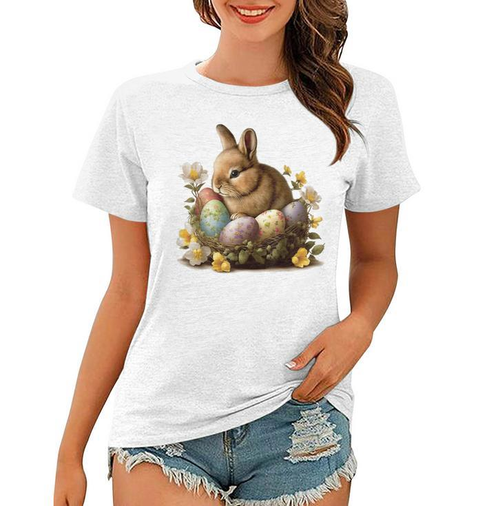 Easter Bunny Rabbit Women - Happy Bunny Flower Graphic Girl  Women T-shirt