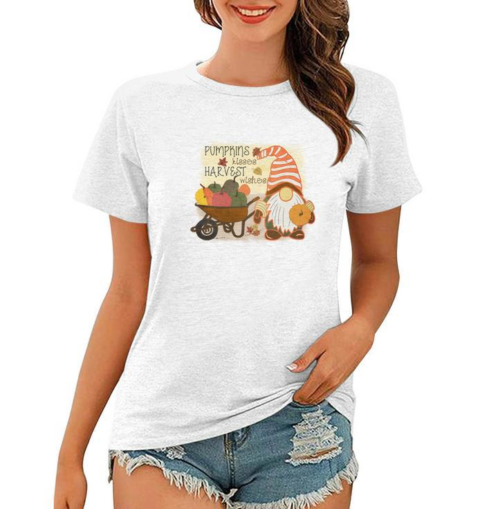 Funny Fall Gnomes Pumpkin Kisses And Harvest Wishes Women T-shirt