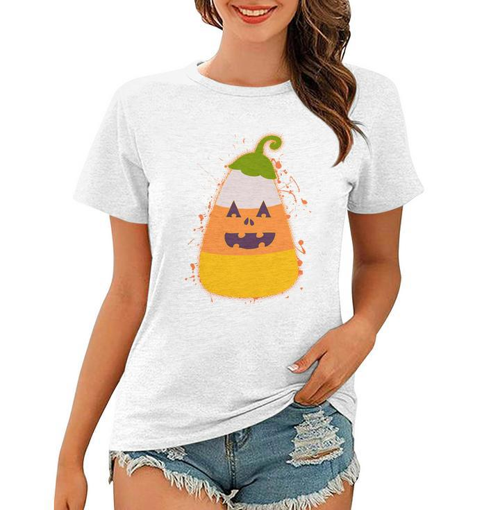 Funny Halloween Candy Corn Pumpkin Women T-shirt