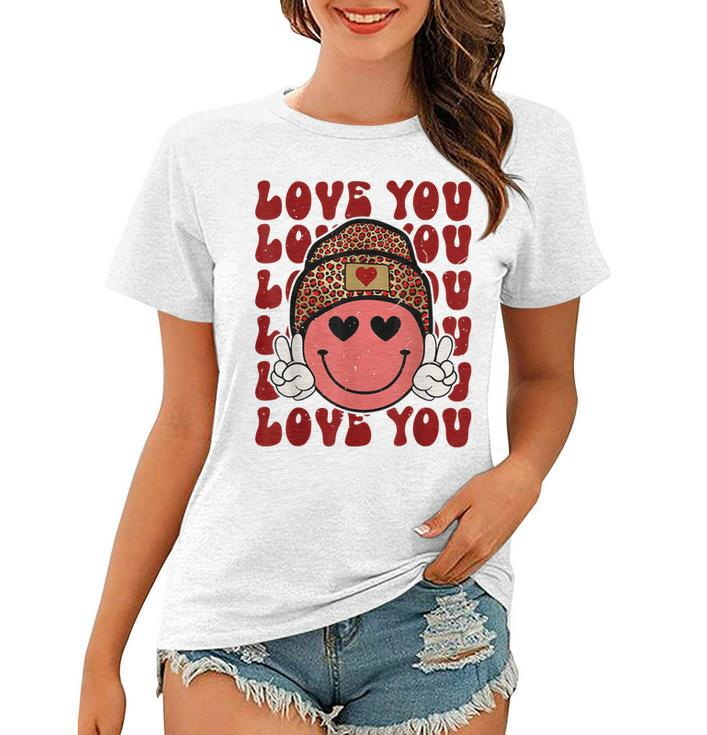 Hippie Smiling Face Wearing Beanie Hat Love You Valentine  Women T-shirt