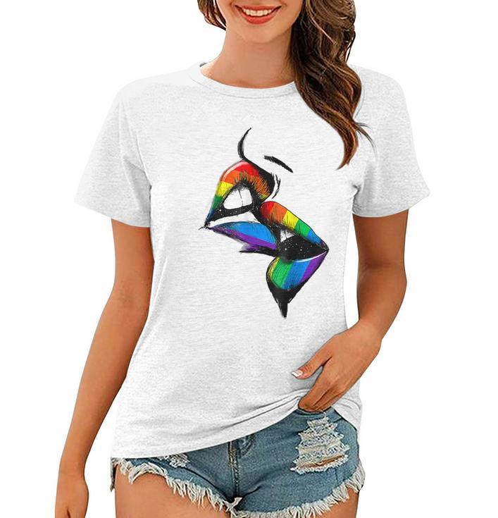 Lesbian Lips Kissing Rainbow Flag Gay Pride Lgbt  Women T-shirt