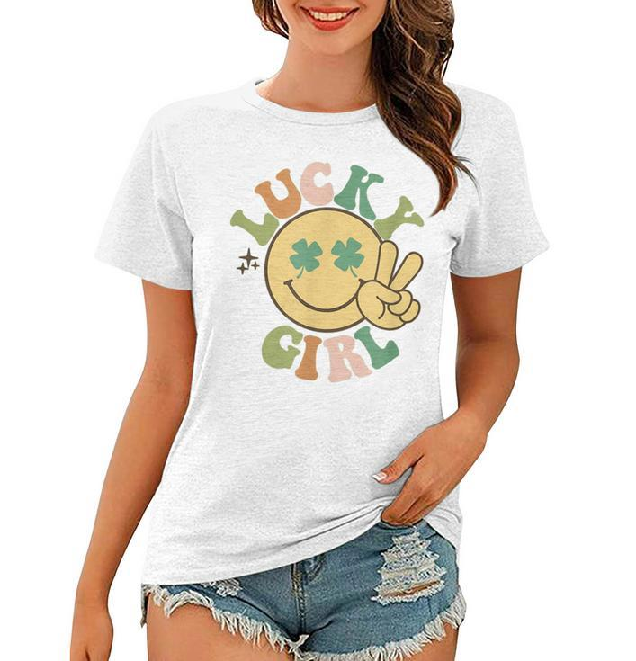 Lucky St Patricks Day Retro Smiling Face Shamrock Hippie  Women T-shirt