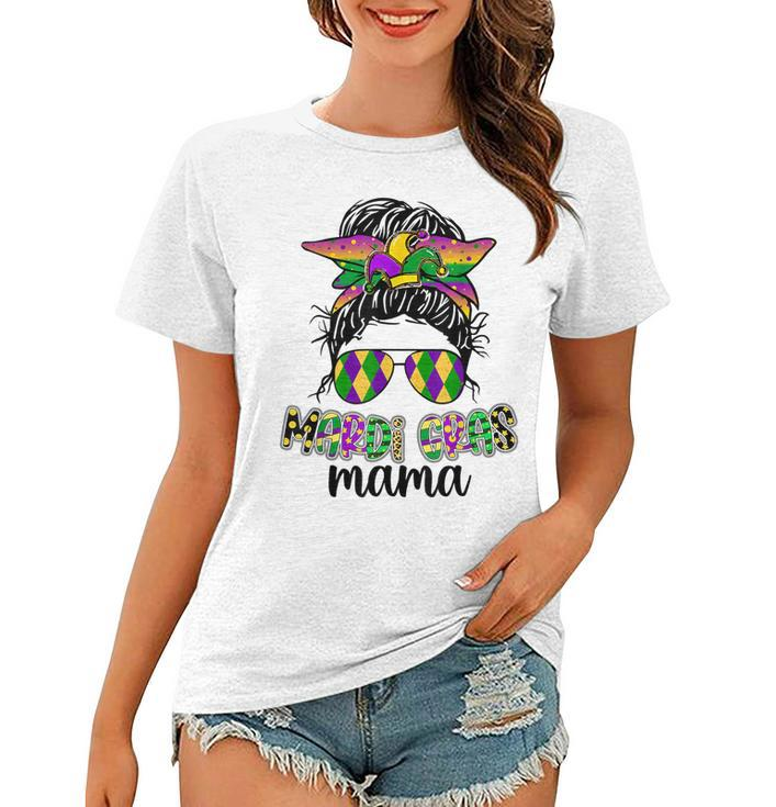 Mardi Gras Mama Messy Bun Hair Glasses New Orleans Carnival  Women T-shirt