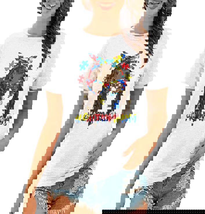 Messy Bun Black Autism Mom Afro Mother Autism Awareness Women T-shirt