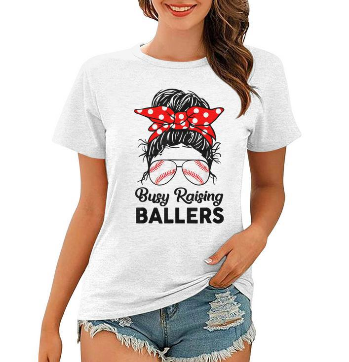 Messy Bun Busy Raising Ballers Mom Funny Baseball Mother  Women T-shirt