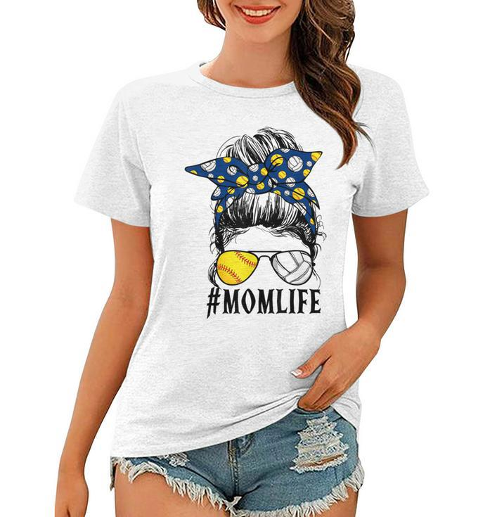 Mom Life Softball Volleyball Messy Bun Womens Mothers Day  Women T-shirt