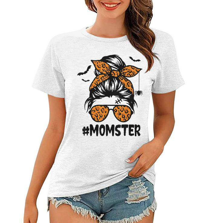 Momster  For Women Halloween Mom Messy Bun Leopard  Women T-shirt