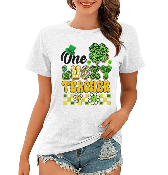 One Lucky Teacher Groovy Shamrock Happy St Patricks Day  Women T-shirt