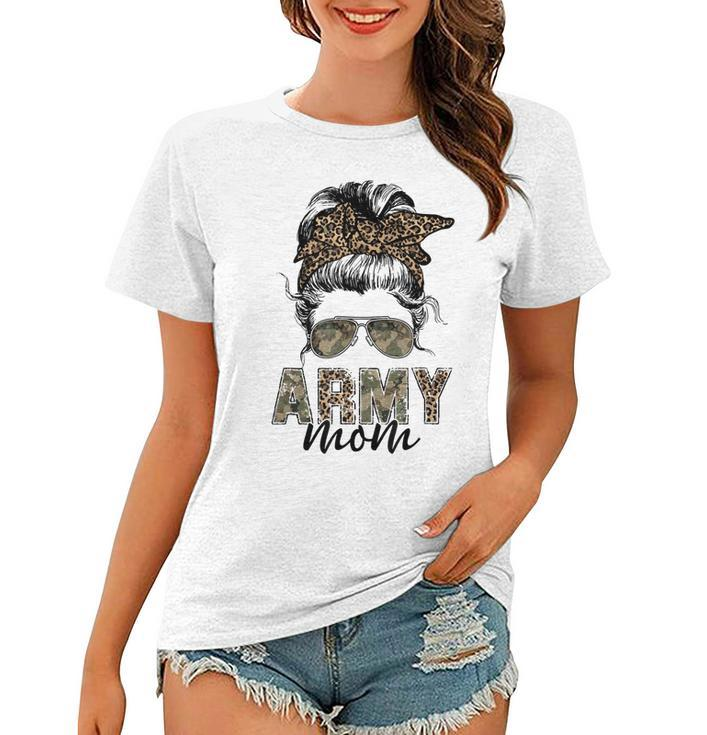 Proud Veteran Women Camo Leopard Messy Bun Proud Army Mom  Women T-shirt