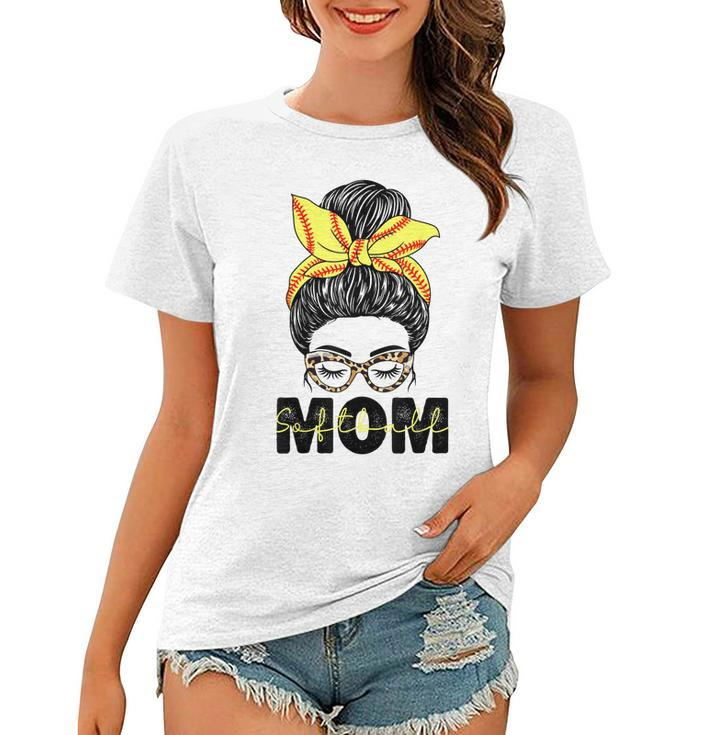 Softball Mom Messy Bun Women  Leopard Pattern Softball  Women T-shirt