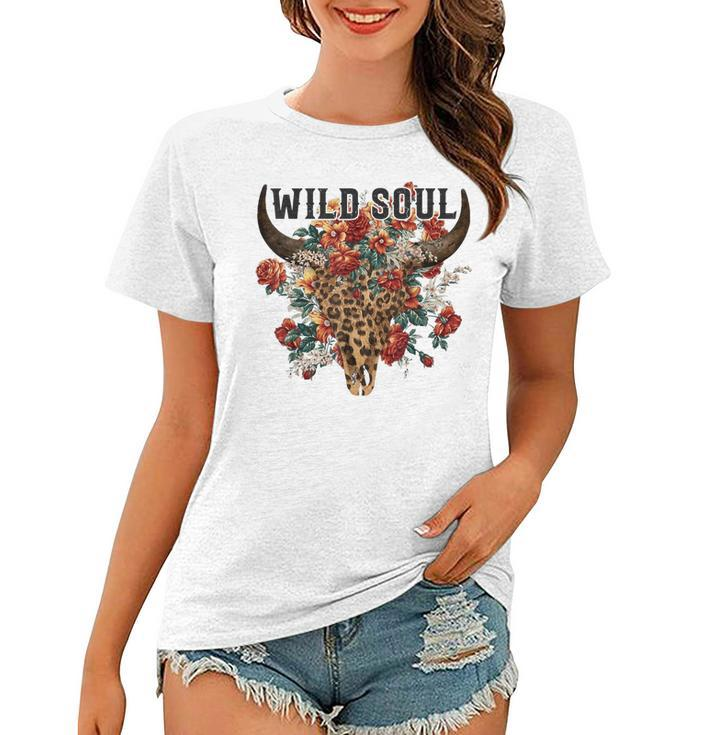 Wild Soul Leopard Cow Skull Bull Skull Flower Western Lover  Women T-shirt