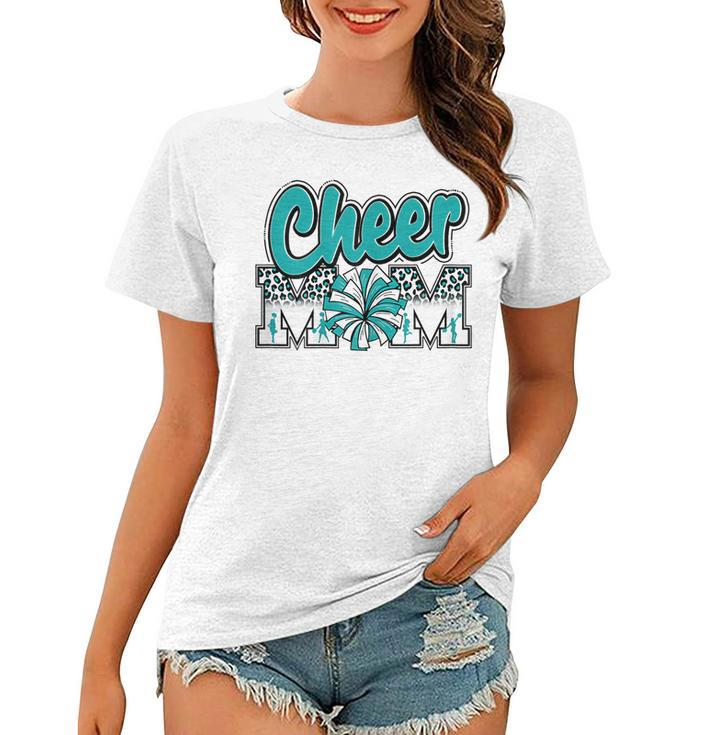 Womens Cheer Mom Teal Leopard Letters Cheer Pom Poms  Women T-shirt