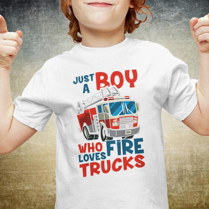 Kids Firefighter Kids Fire Car Just A Boy Who Loves Fire Trucks Youth T-shirt