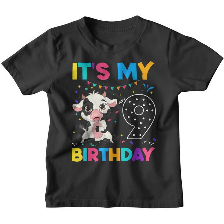 Kids 9Th Birthday Cow 9 Years Old Boy Girl Farm Animals Bday  Youth T-shirt