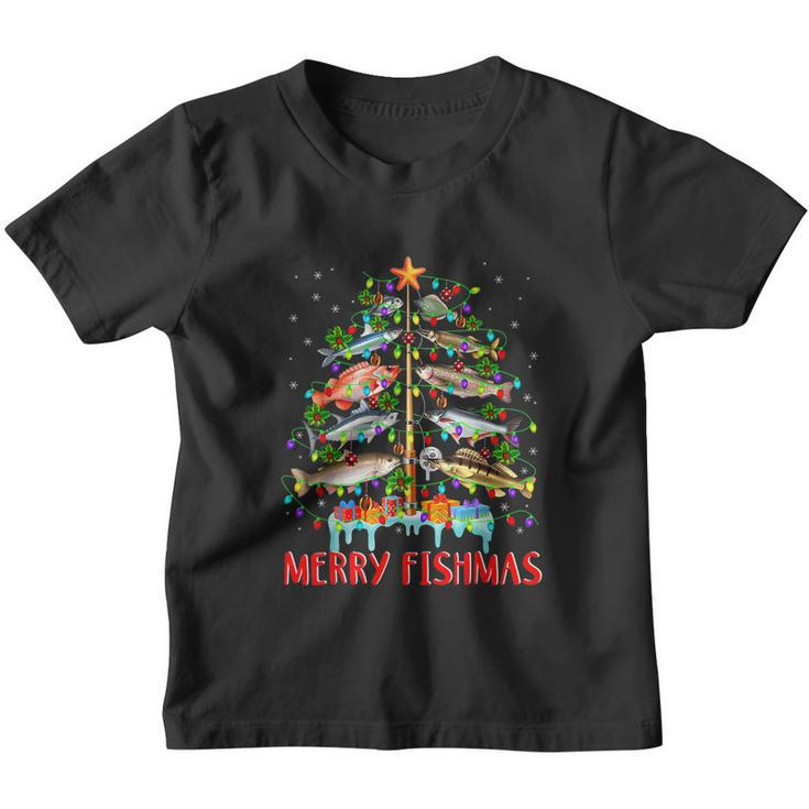 Merry Fishmas Funny Fishing Christmas Tree Lights Youth T-shirt