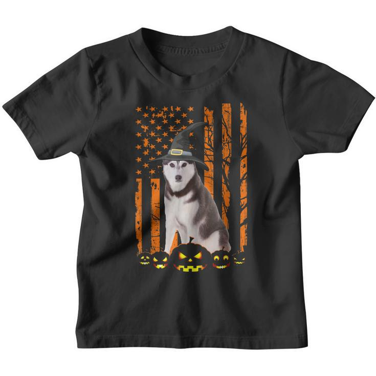 Siberian Husky Dog Pumpkin American Flag Witch Halloween  Youth T-shirt