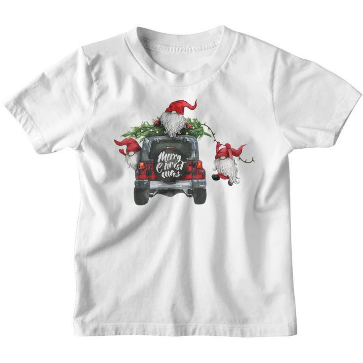 Funny Christmas Gnome On Red Plaid Truck Merry Xmas Kids  Youth T-shirt