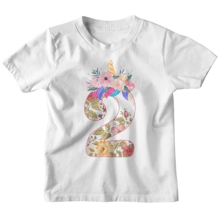 Kids 2 Year Old Unicorn Face Gift 2Nd Birthday Girls Ns Flower  Youth T-shirt