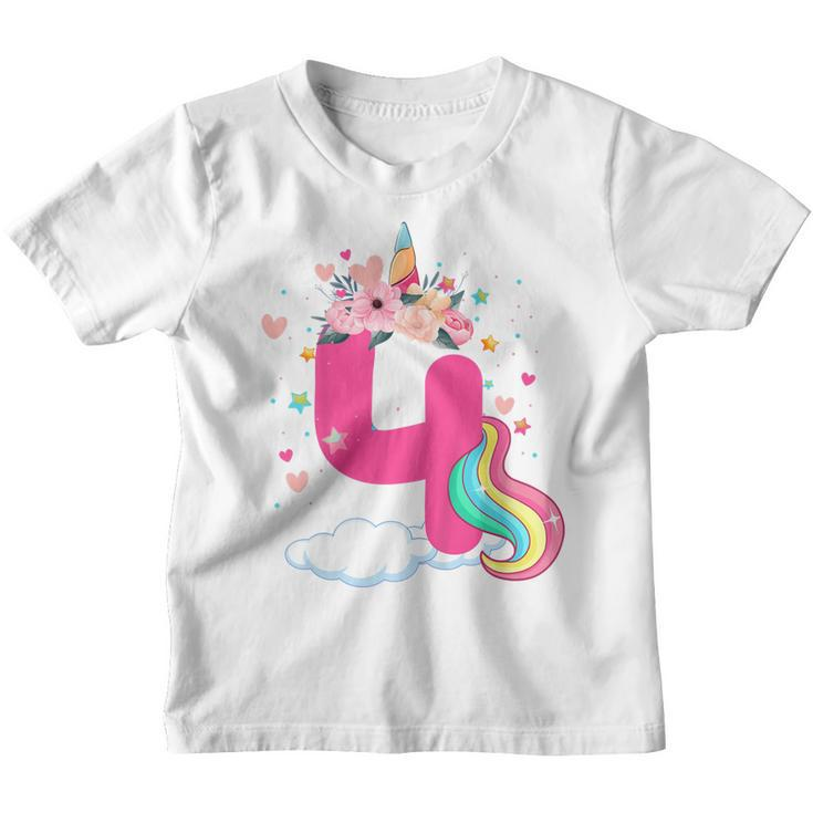 Kids 4 Year Old Gifts 4Th Birthday Girls Kids Unicorn Face Flower  Youth T-shirt