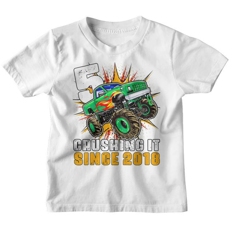 Kids 5 Crushing It Since 2018 Monster Truck 5Th Birthday Boys  Youth T-shirt