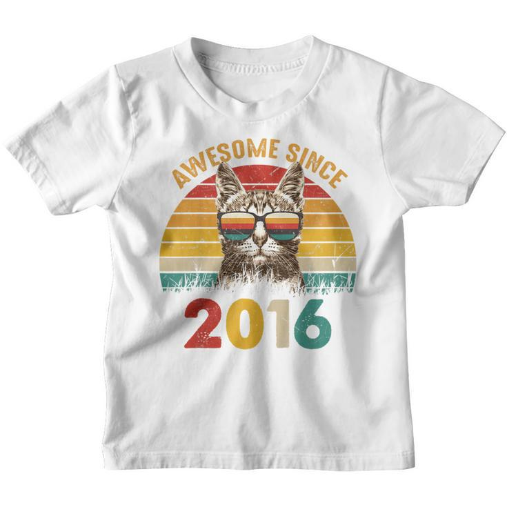 Kids 7Th Birthday Cat Lover Gift Retro Sunset Awesome Since 2016  Youth T-shirt