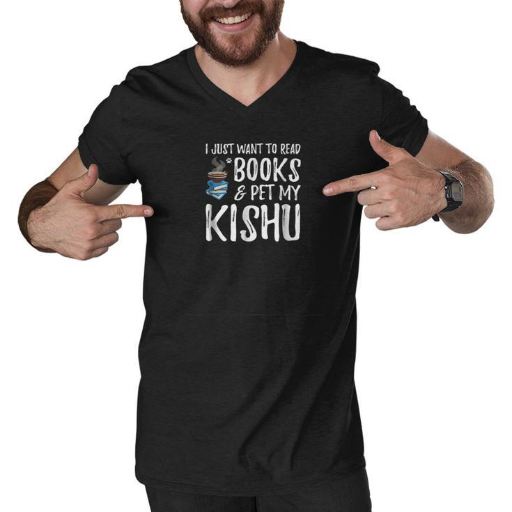 Books And Kishu Funny Dog Dad Men V-Neck Tshirt