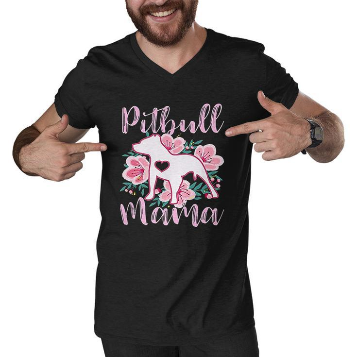 Pitbull Mama Pink Flowers Cute Pit Bull Pretty Mom Gift Men V-Neck Tshirt