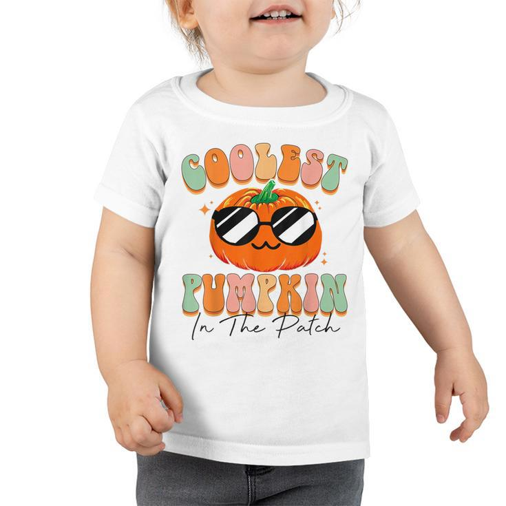 Coolest Pumpkin In The Patch Boys Retro Groovy Halloween  Toddler Tshirt