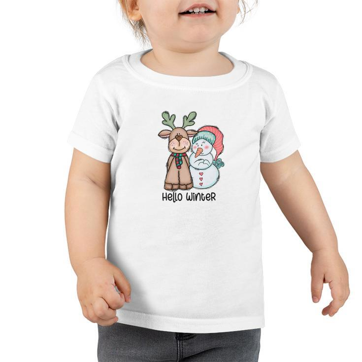 Cute Christmas Deer Snowman Hello Winter Toddler Tshirt