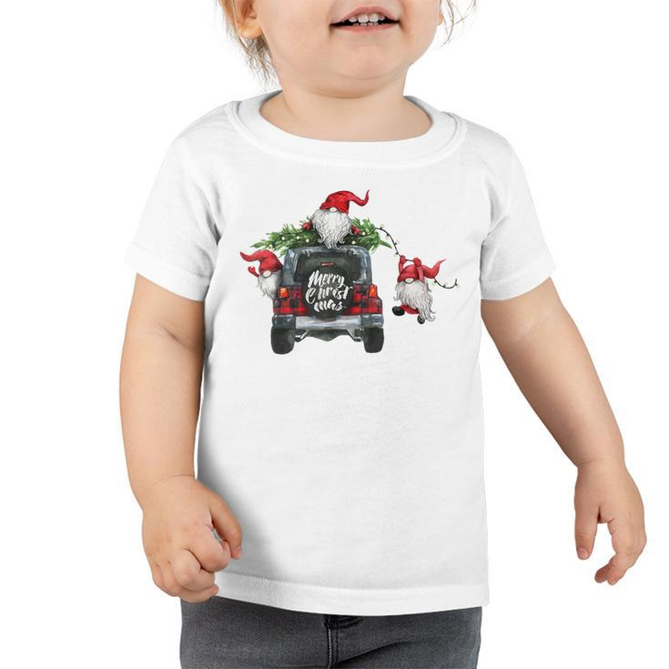 Funny Christmas Gnome On Red Plaid Truck Merry Xmas Kids  Toddler Tshirt