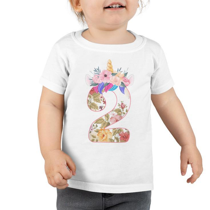 Kids 2 Year Old Unicorn Face Gift 2Nd Birthday Girls Ns Flower  Toddler Tshirt