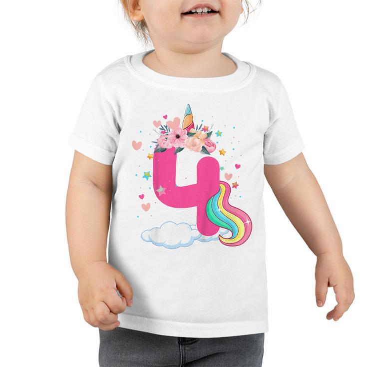 Kids 4 Year Old Gifts 4Th Birthday Girls Kids Unicorn Face Flower  Toddler Tshirt