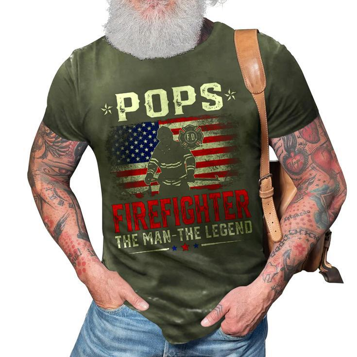 Distressed American Flag Pops Firefighter The Legend Retro 3D Print Casual Tshirt