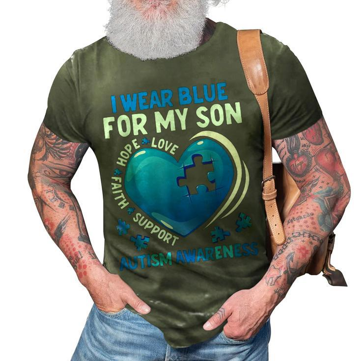 I Wear Blue For My Son Autism Awareness Day Autistic Mom Dad 3D Print Casual Tshirt