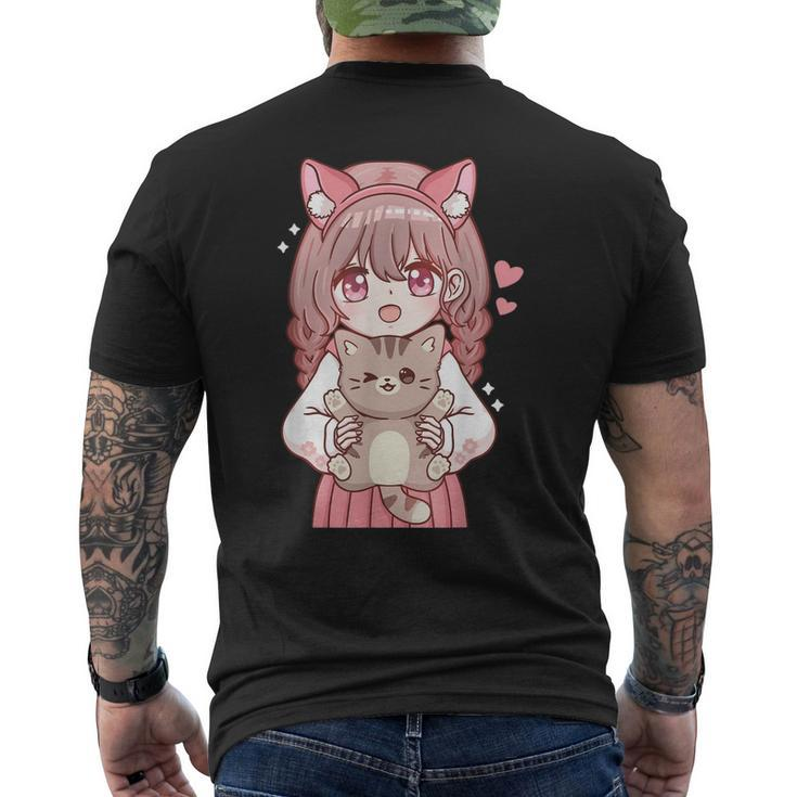 Anime Girl With Cat Kawaii Cat Lover Otaku Men's Back Print T-shirt