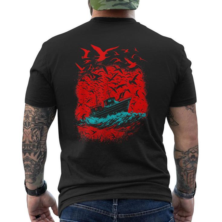 Art Birds And Boat In Ocean Under Red Sky Men's Back Print T-shirt