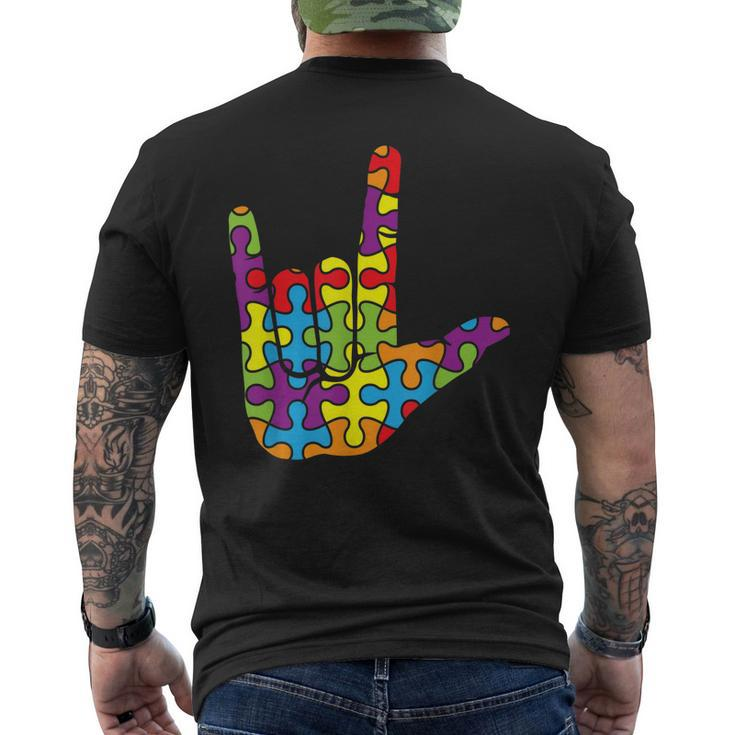 Asl Love Sign Language - Autistic Puzzle Autism Awareness Men's Back Print T-shirt