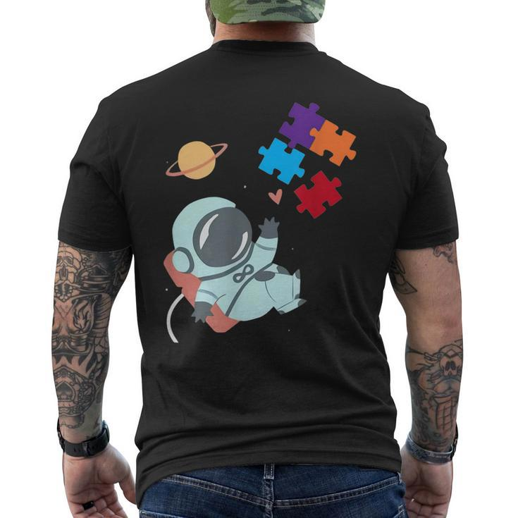 Autism Awareness Astronaut Puzzle Pieces Space Mom Dad Kids Mens Back Print T-shirt