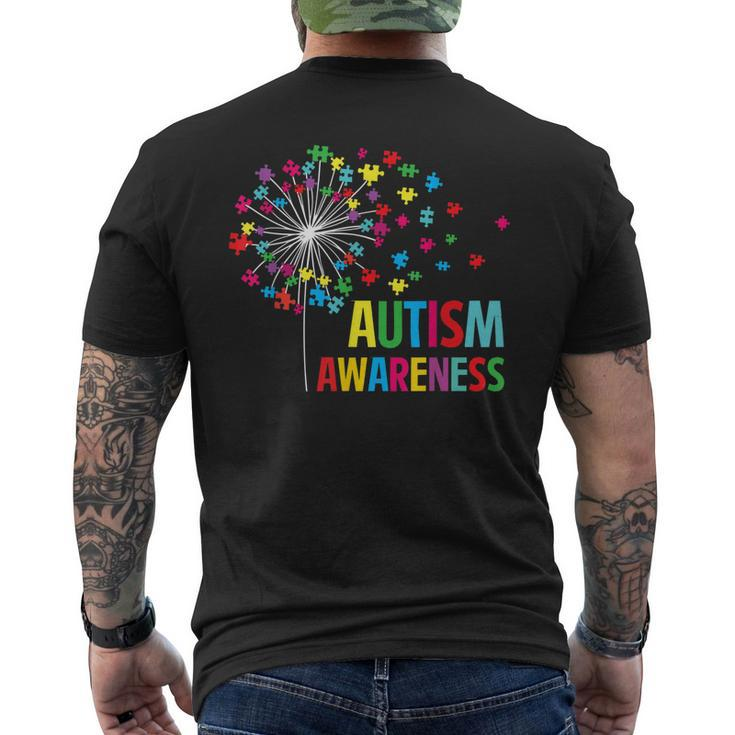 Autism Awareness Dandelion Puzzle Piece Dad Mom Autistic Mens Back Print T-shirt