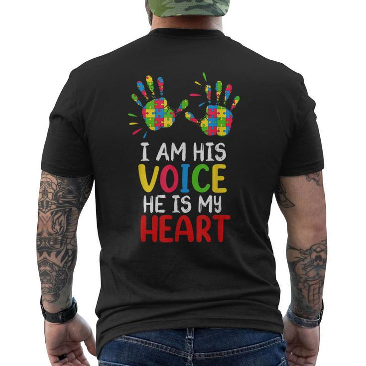 Autism Awareness Mom Dad I Am His Voice Hes My Heart Men's Back Print T-shirt