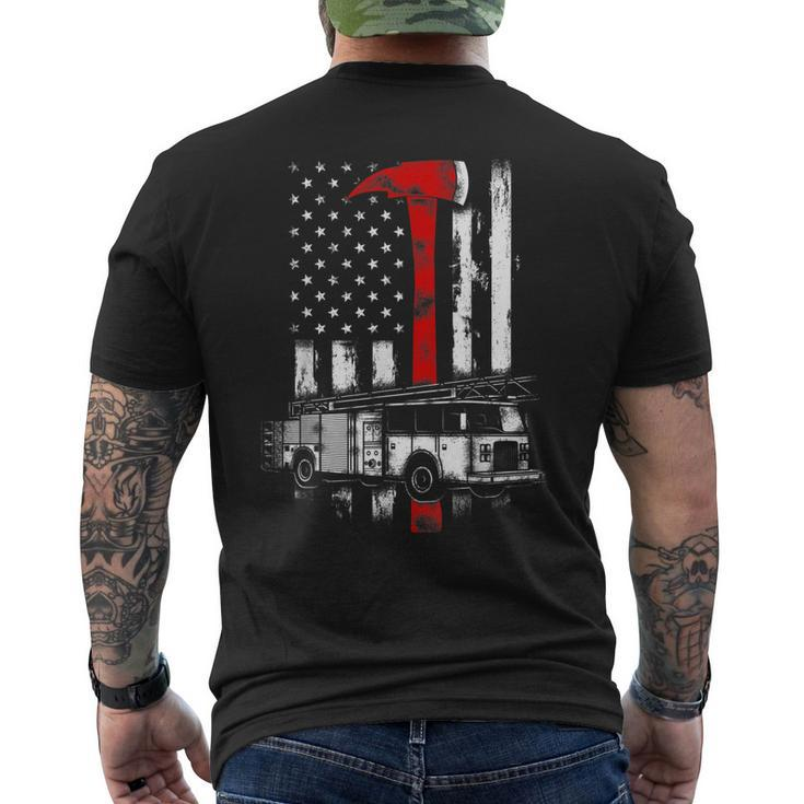 Firefighter American Fire Truck Red Axe Fireman Us Flag Men's T-shirt Back Print