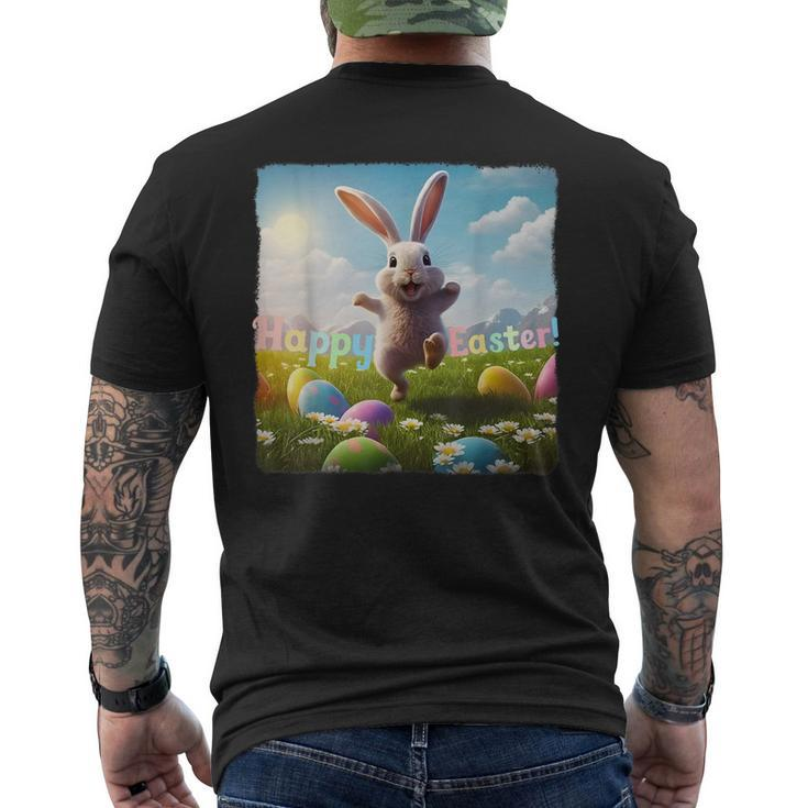 Happy Easter Bunny Hopping Over Colored Eggs  Men's Crewneck Short Sleeve Back Print T-shirt