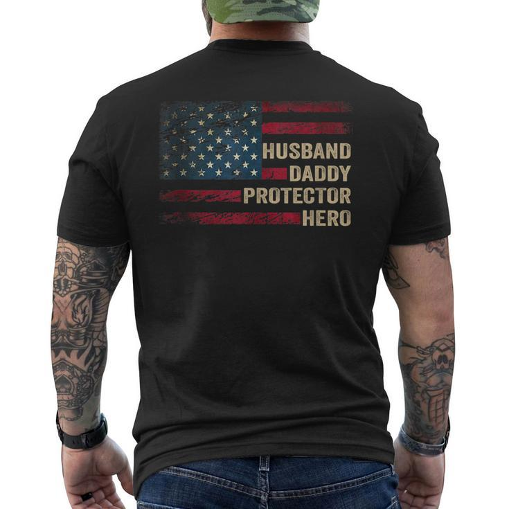 Husband Daddy Protector Hero Distressed Usa Flag Fathers Day Men's T-shirt Back Print