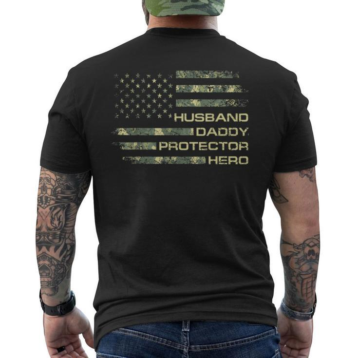 Mens Husband Daddy Protector Hero Fathers Day Camo American Flag T Men's Back Print T-shirt