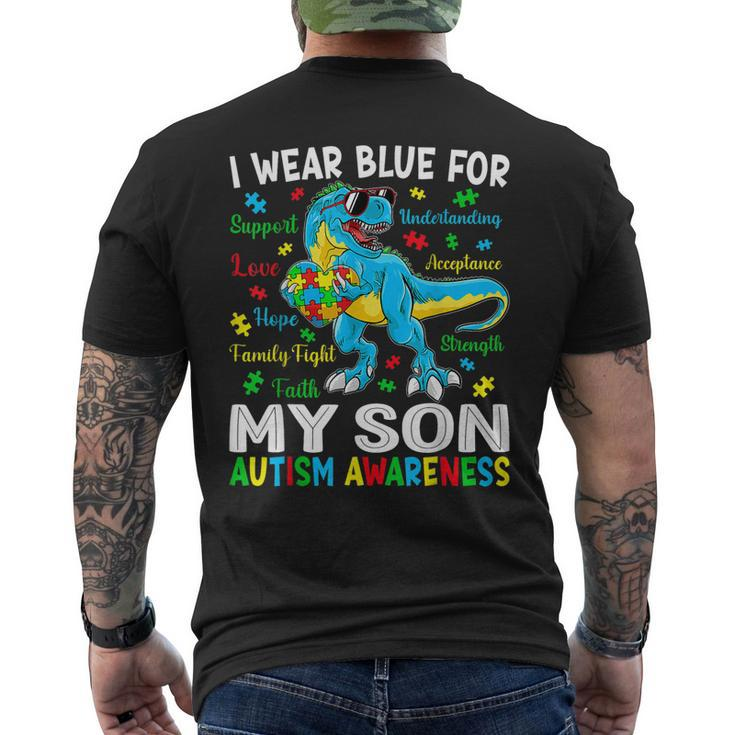 I Wear Blue For My Son Autism Awareness Dinosaur For Dad Mom Mens Back Print T-shirt