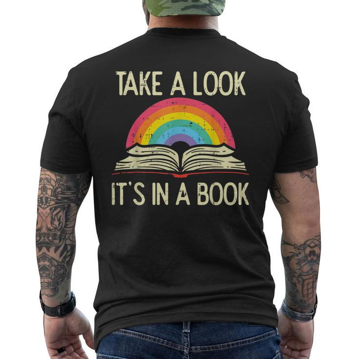 Take A Look Its In A Book Vintage Reading Bookworm Librarian Men's Back Print T-shirt
