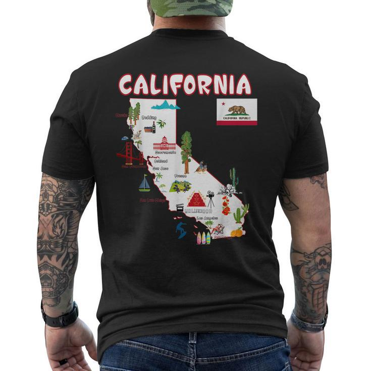 Map Of California Landmarks Major Cities Flag Men's Back Print T-shirt