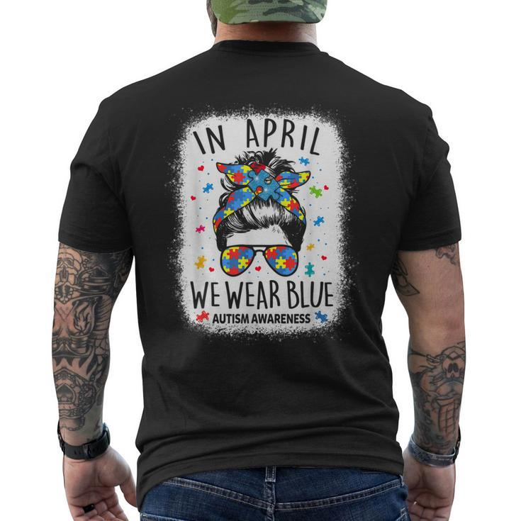 Women Messy Bun In April We Wear Blue For Autism Awareness Men's Back Print T-shirt