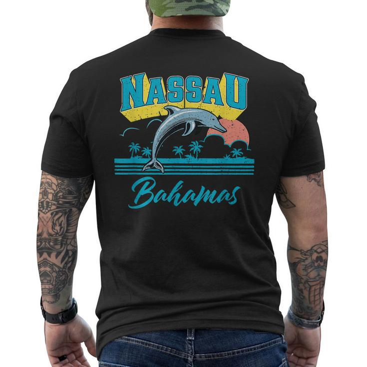 Nassau Bahamas Sunset Palm Tree Dolphin Retro Vacation Men's T-shirt Back Print